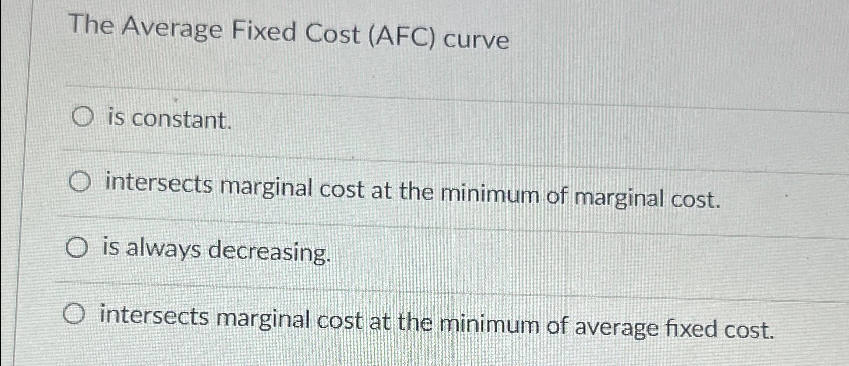 Solved The Average Fixed Cost (AFC) ﻿curveis