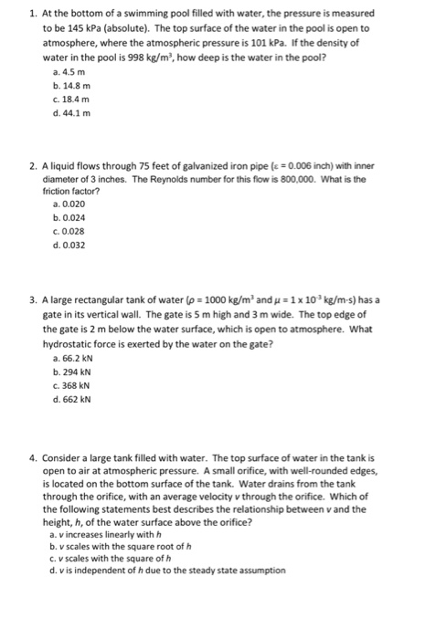 Solved 1. At the bottom of a swimming pool filled with | Chegg.com