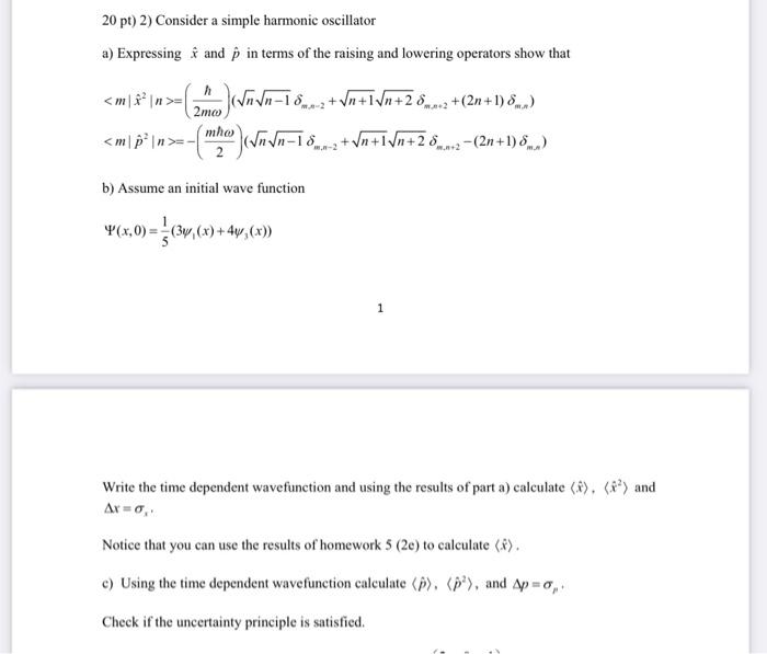 Solved 20 pt) 2) Consider a simple harmonic oscillator a) | Chegg.com