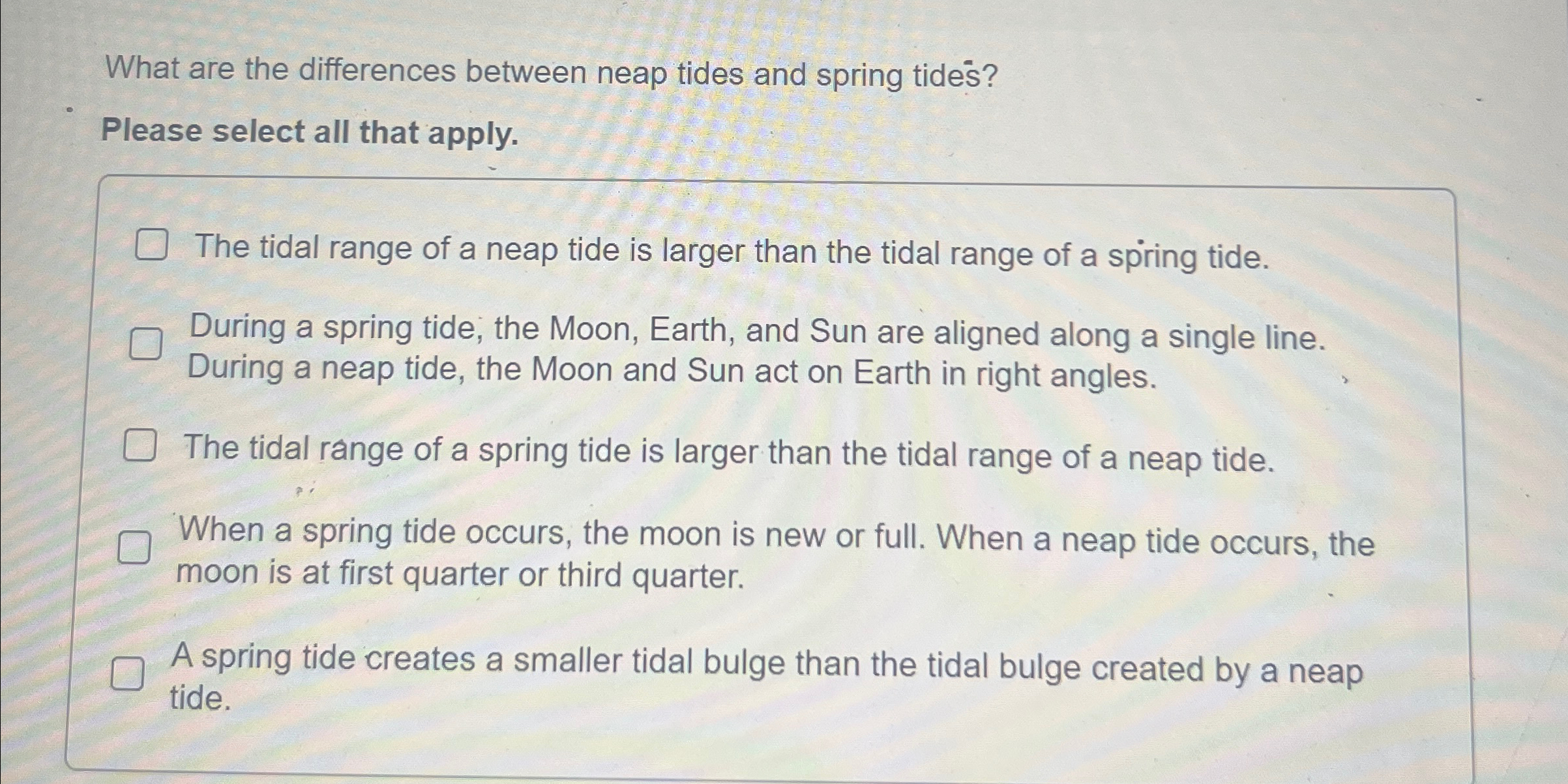 Solved What are the differences between neap tides and | Chegg.com