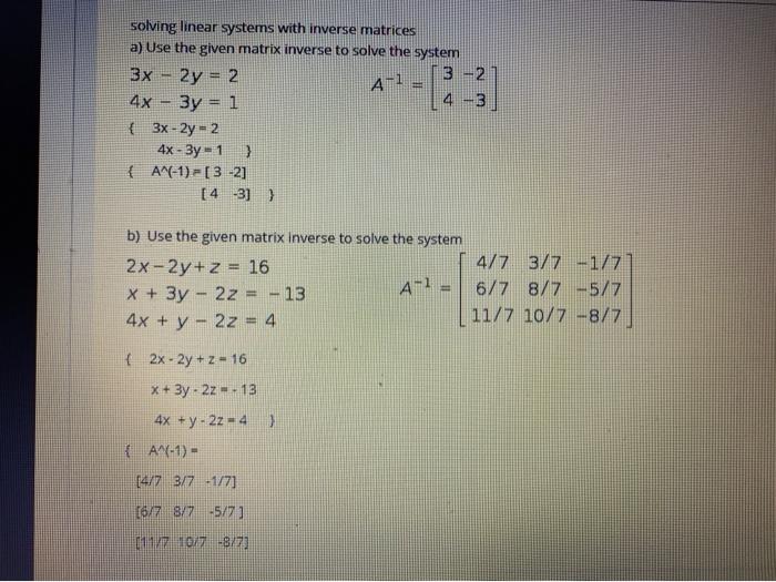 Solved A-1 solving linear systems with inverse matrices a) | Chegg.com