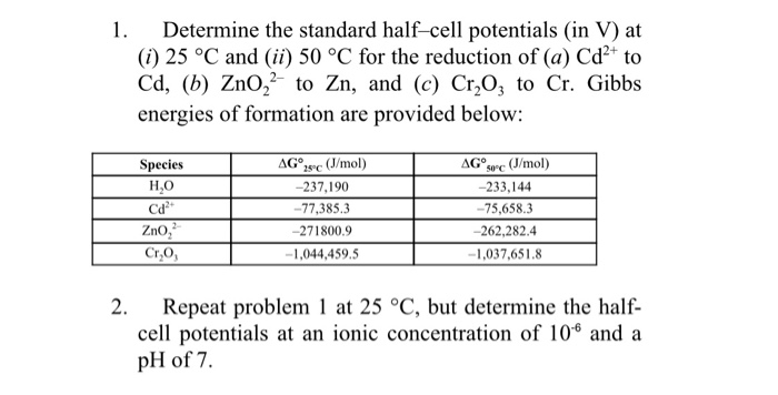 Solved 1 Determine The Standard Half Cell Potentials In Chegg Com
