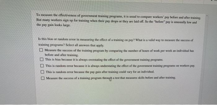 Solved To measure the effectiveness of government training | Chegg.com