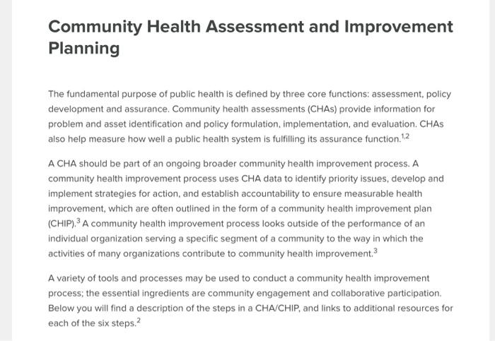 Community Health Assessment and Improvement Planning Chegg