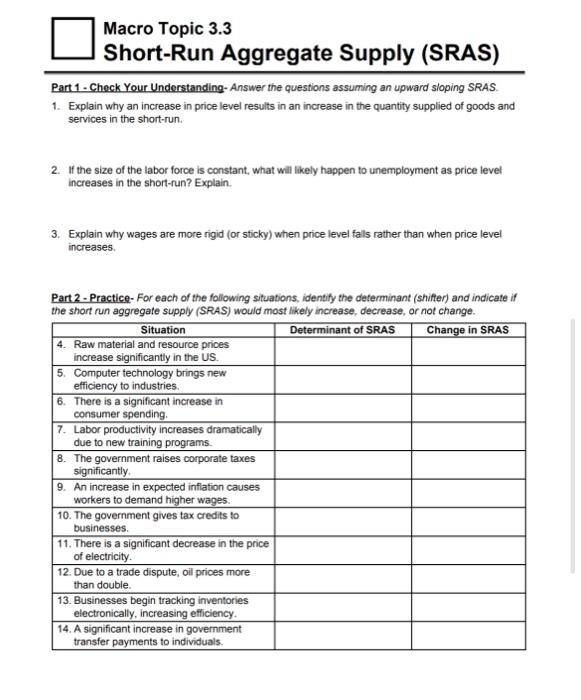 Solved Macro Topic 3.3 ShortRun Aggregate Supply (SRAS)