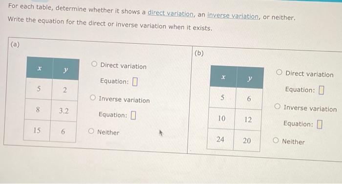 Solved For each table, determine whether it shows a direct | Chegg.com