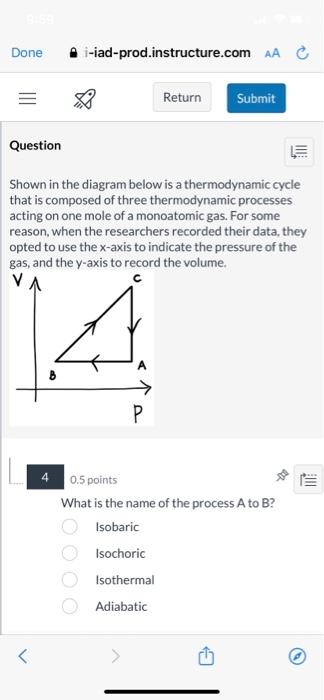 Shown in the diagram below is a thermodynamic cycle that is composed of three thermodynamic processes acting on one mole of a