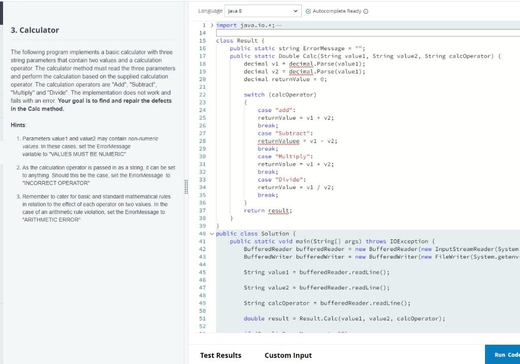 Solved Language Java 8 Autocomplete Ready 3. Calculator The | Chegg.com