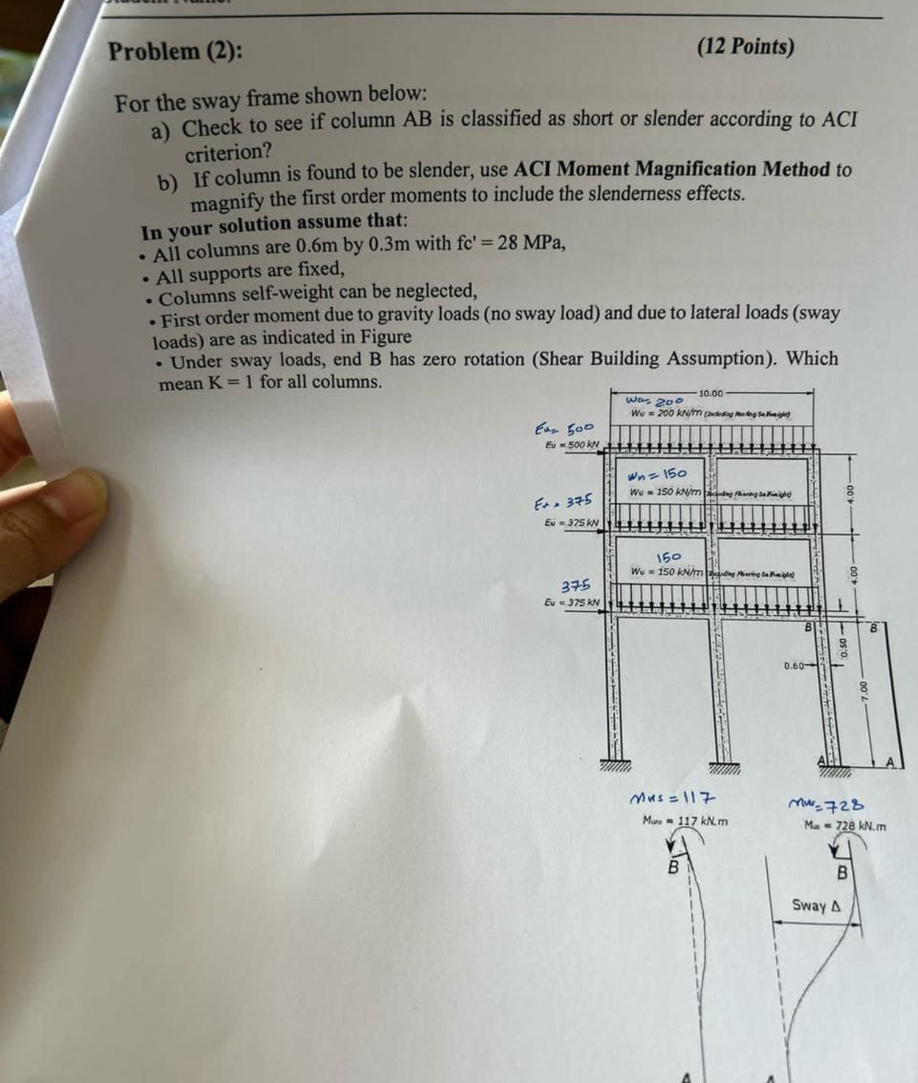 Solved Problem (2):(12 ﻿Points)For The Sway Frame Shown | Chegg.com