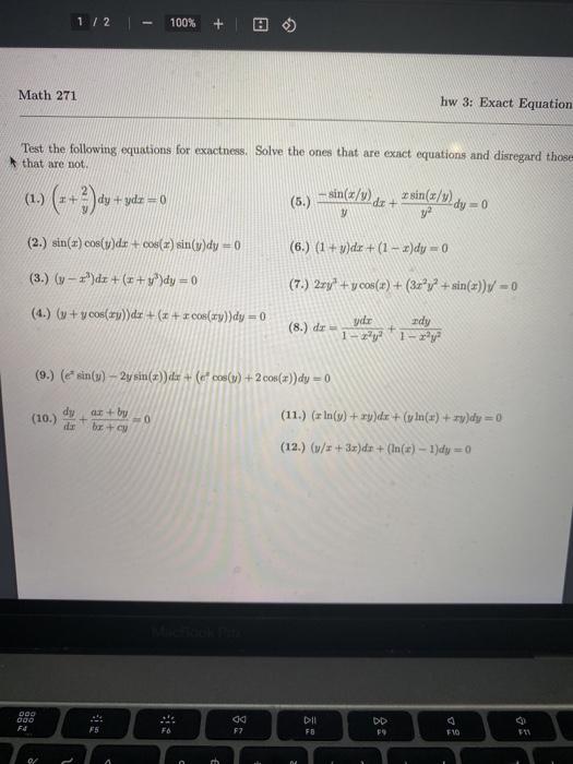 Solved 1 / 2 100% + Math 271 hw 3: Exact Equation Test the | Chegg.com