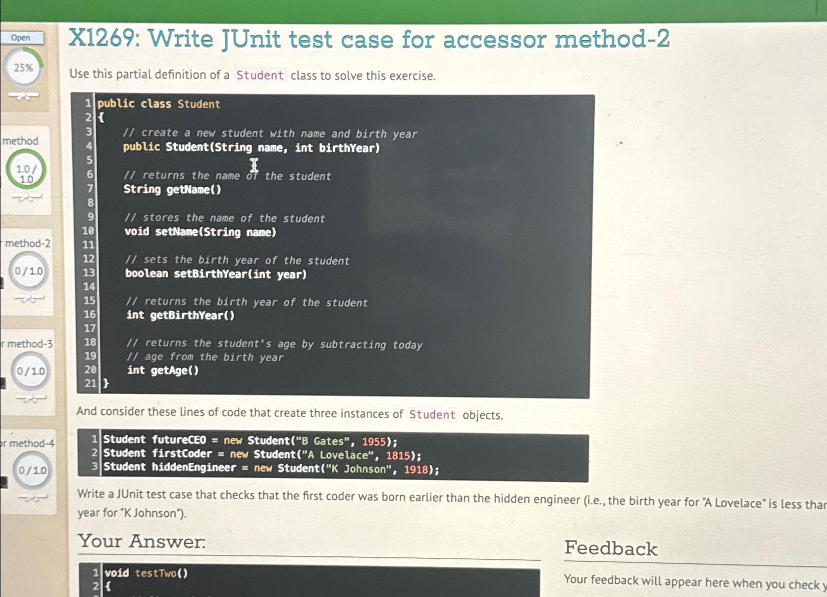 Solved Open X1269: Write JUnit Test Case For Accessor | Chegg.com