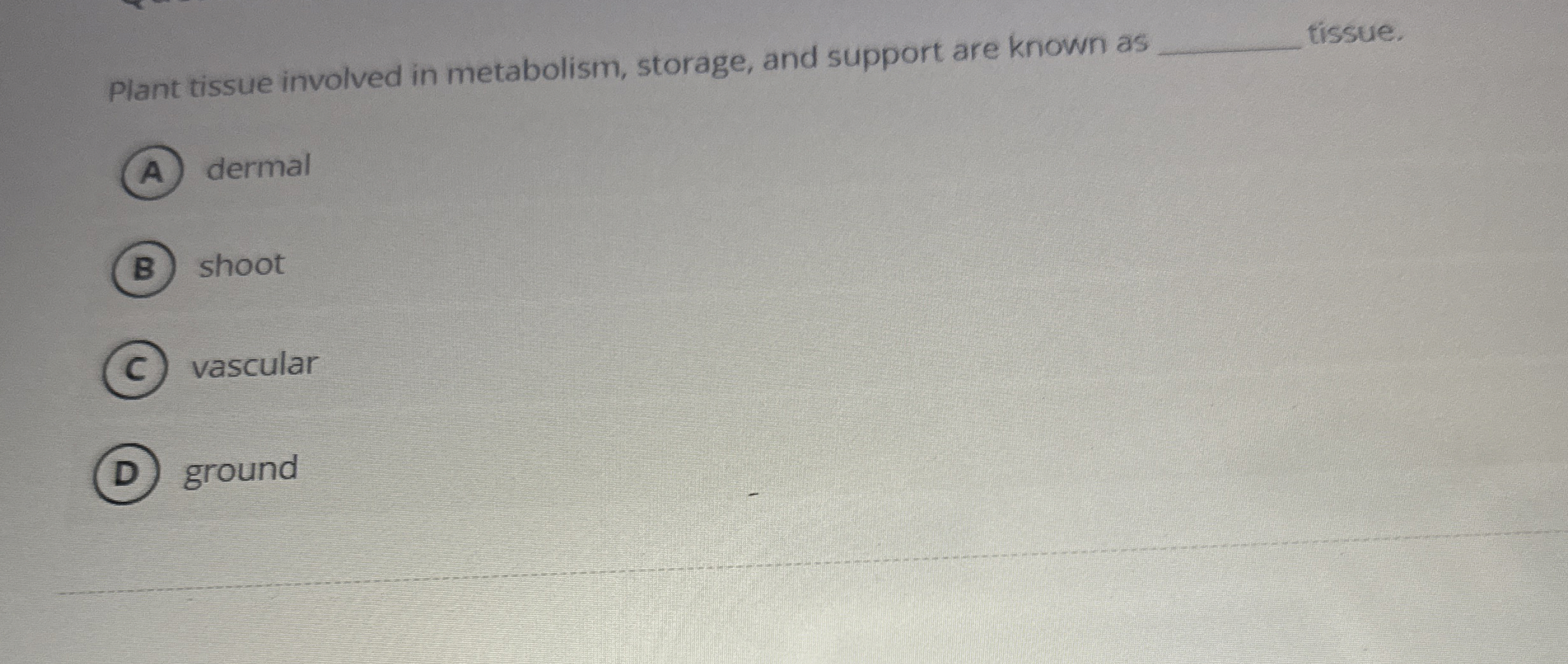 Solved Plant tissue involved in metabolism, storage, and