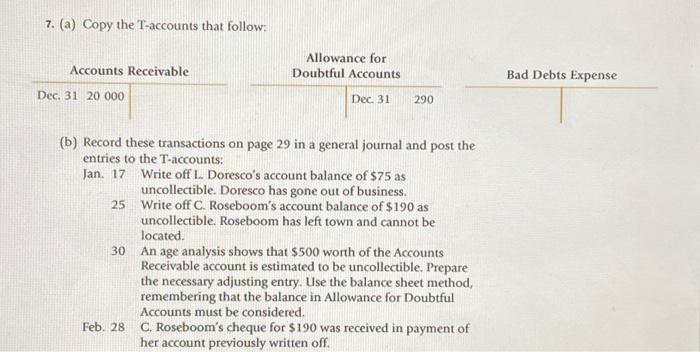 Solved 7 a Copy The T accounts That Follow Allowance For Chegg