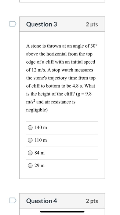Solved Question 3 2 pts A stone is thrown at an angle of 30° | Chegg.com