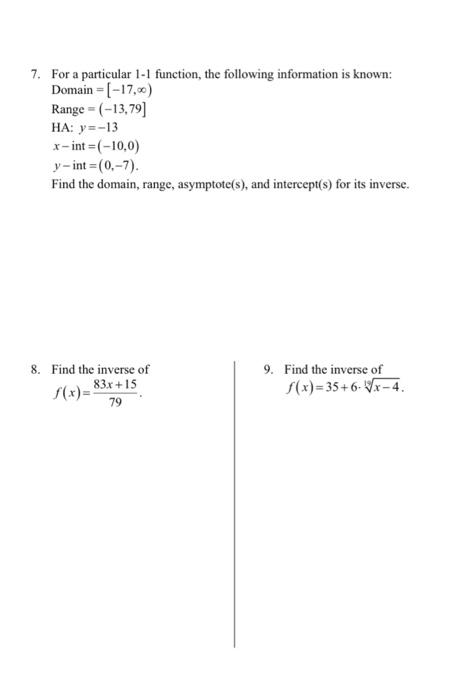 Solved 7. For a particular 1-1 function, the following | Chegg.com