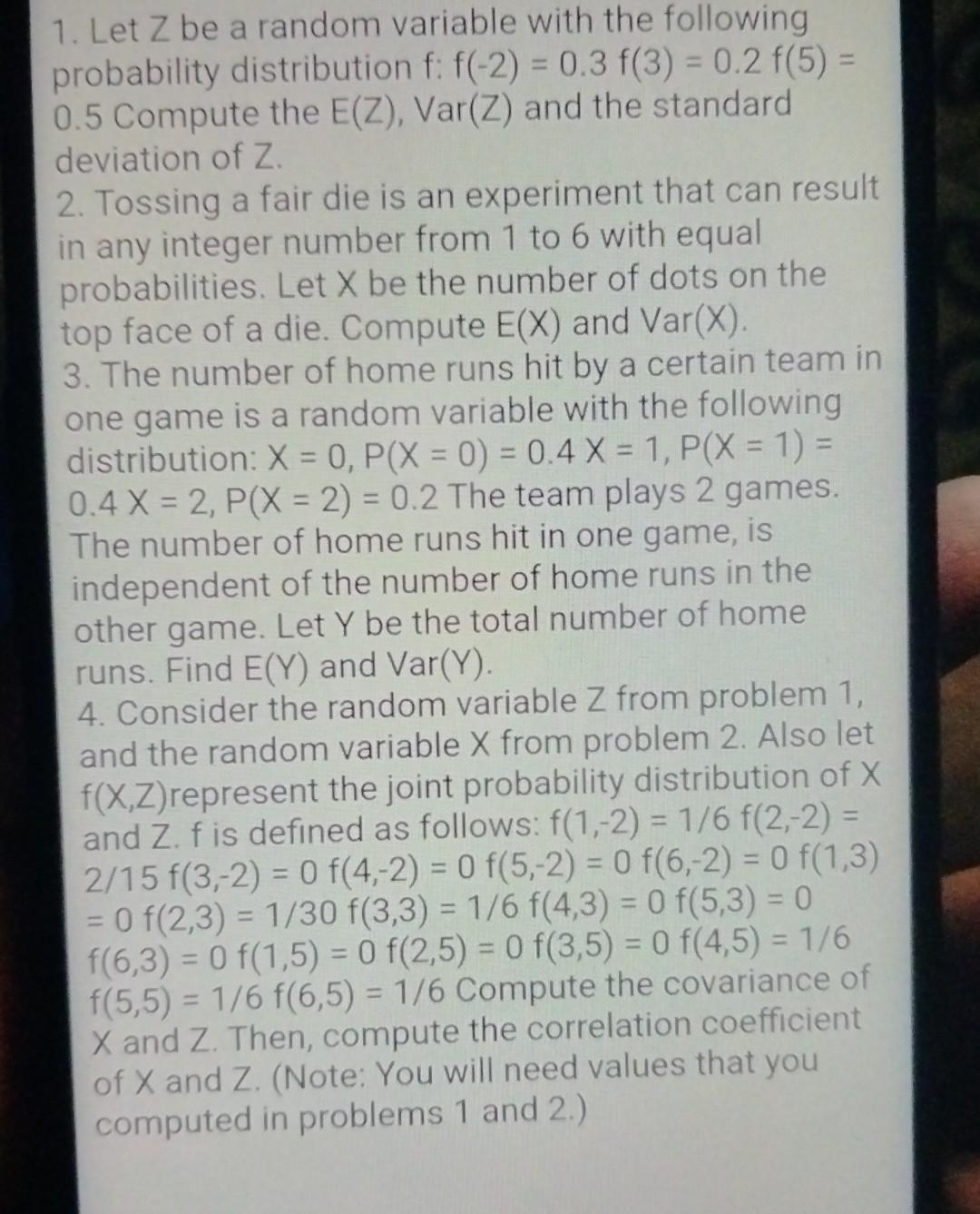 Solved 1. Let Z be a random variable with the following | Chegg.com