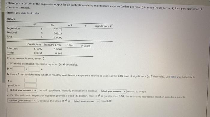 Solved Following is a portion of the regression output for | Chegg.com