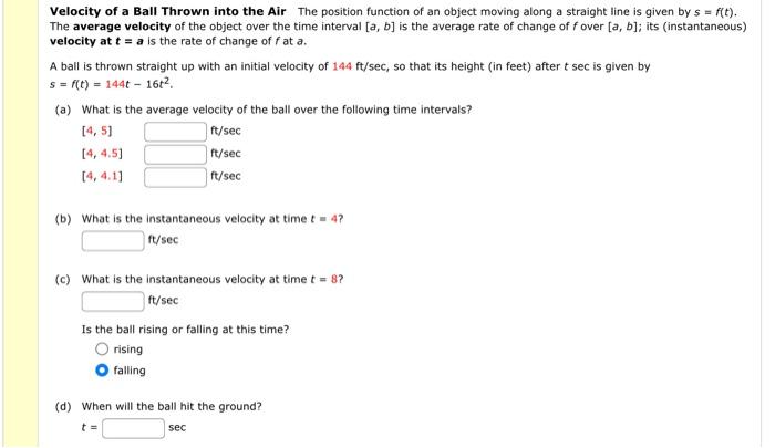 Solved Velocity of a Ball Thrown into the Air The position | Chegg.com