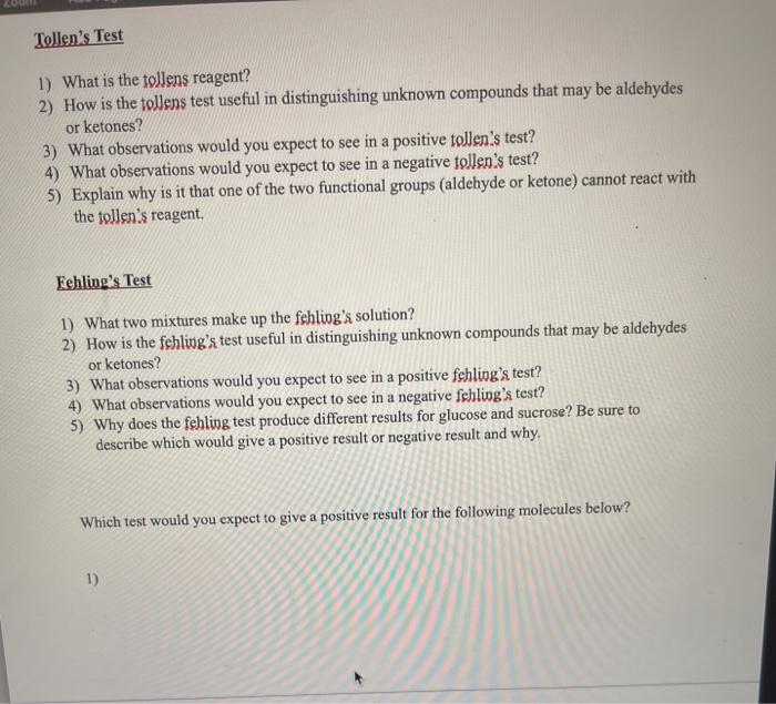 Solved Tollen's Test 1) What is the tollens reagent? 2) How
