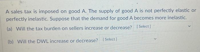 Solved A sales tax is imposed on good A. The supply of good | Chegg.com