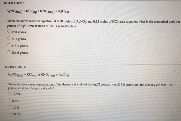 Solved Question 1 Agno3 Aq Kcl Aq A Kno3 Aq Agcl S Chegg Com