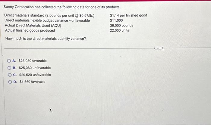 Solved Sunny Corporation Has Collected The Following Data | Chegg.com