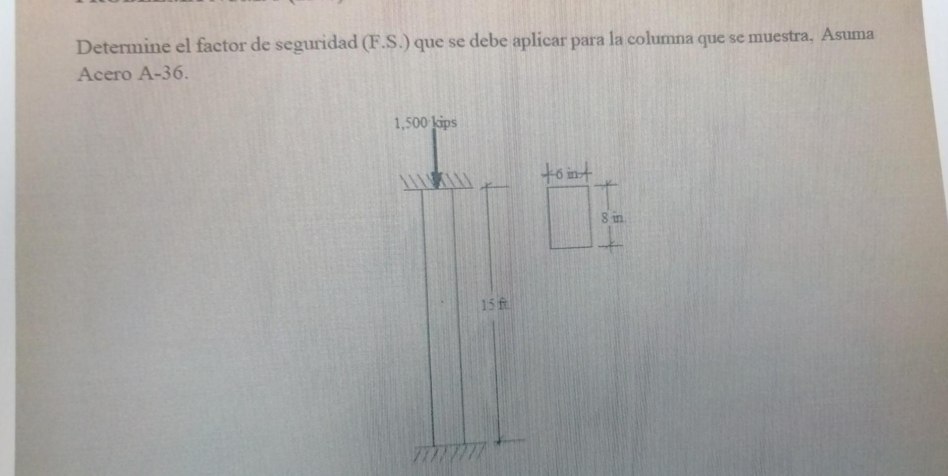 Determine el factor de seguridad (F.S.) que se debe aplicar para la columna que se muestra, Asuma Acero A-36. 1,500 kips XXXX