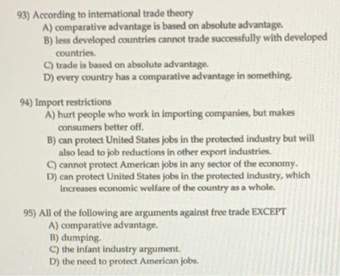Solved 93) According to international trade theory A) | Chegg.com