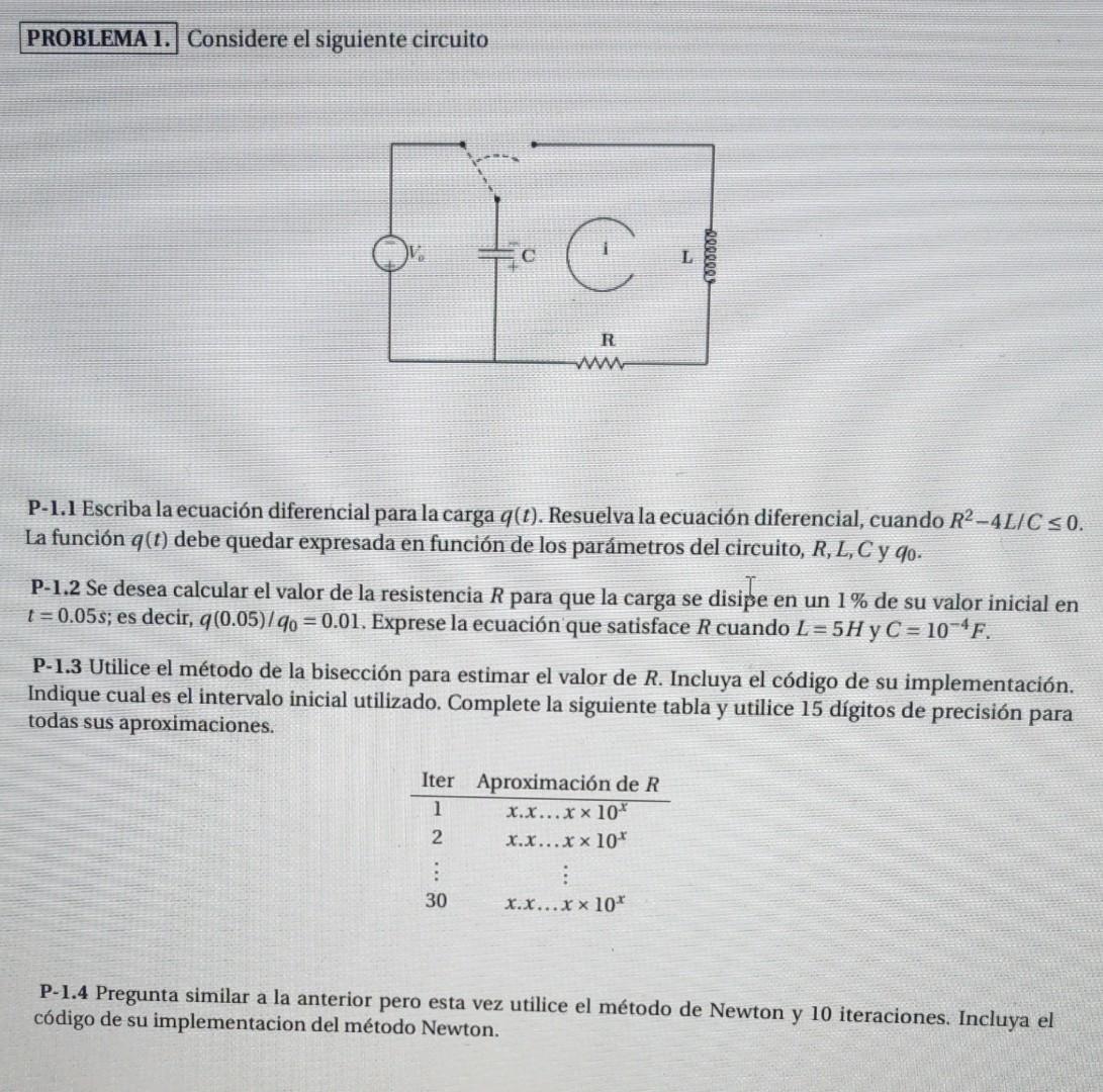 Considere el siguiente circuito P-1.1 Escriba la ecuación diferencial para la carga \( q(t) \). Resuelva la ecuación diferenc