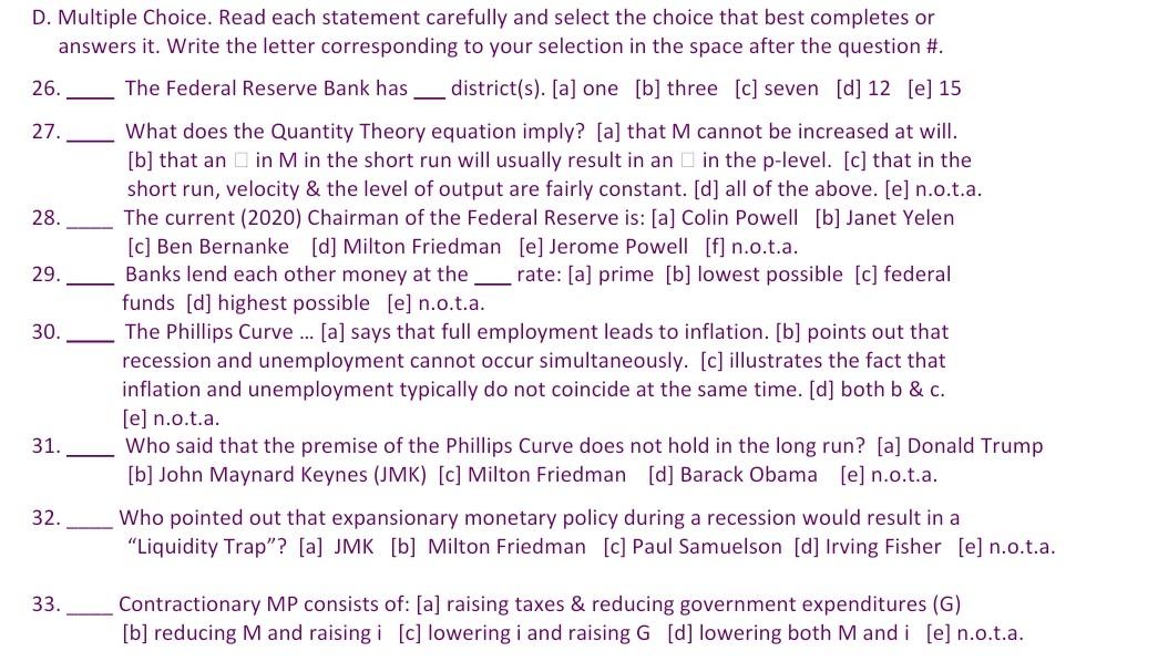 Solved D. Multiple Choice. Read each statement carefully and | Chegg.com