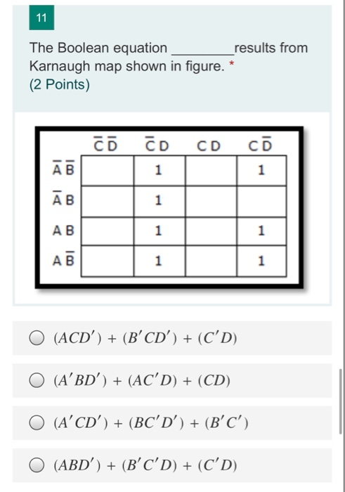 Solved 11 The Boolean equation results from Karnaugh map | Chegg.com