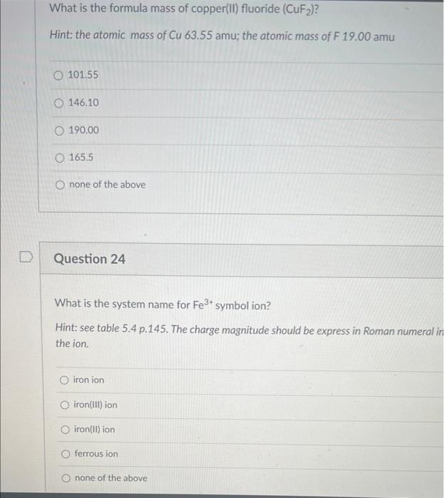 Solved What is the formula mass of copper(II) fluoride