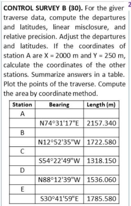 Solved CONTROL SURVEY B (30). For the giver traverse data, | Chegg.com
