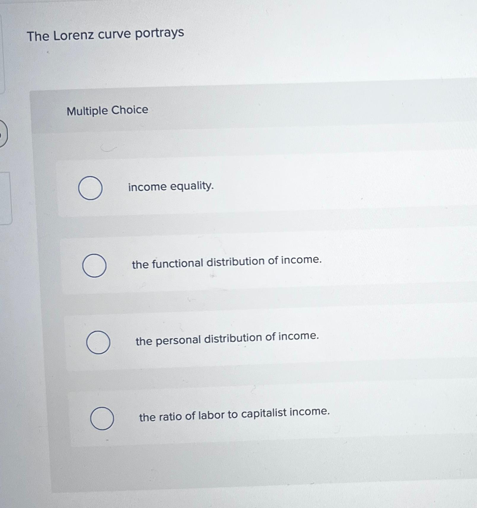 Solved The Lorenz curve portraysMultiple Choiceincome | Chegg.com