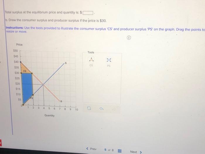 Total surplus at the equilibrium price and quantity is: \( \$ \)
b. Draw the consumer surplus and producer surplus if the pri