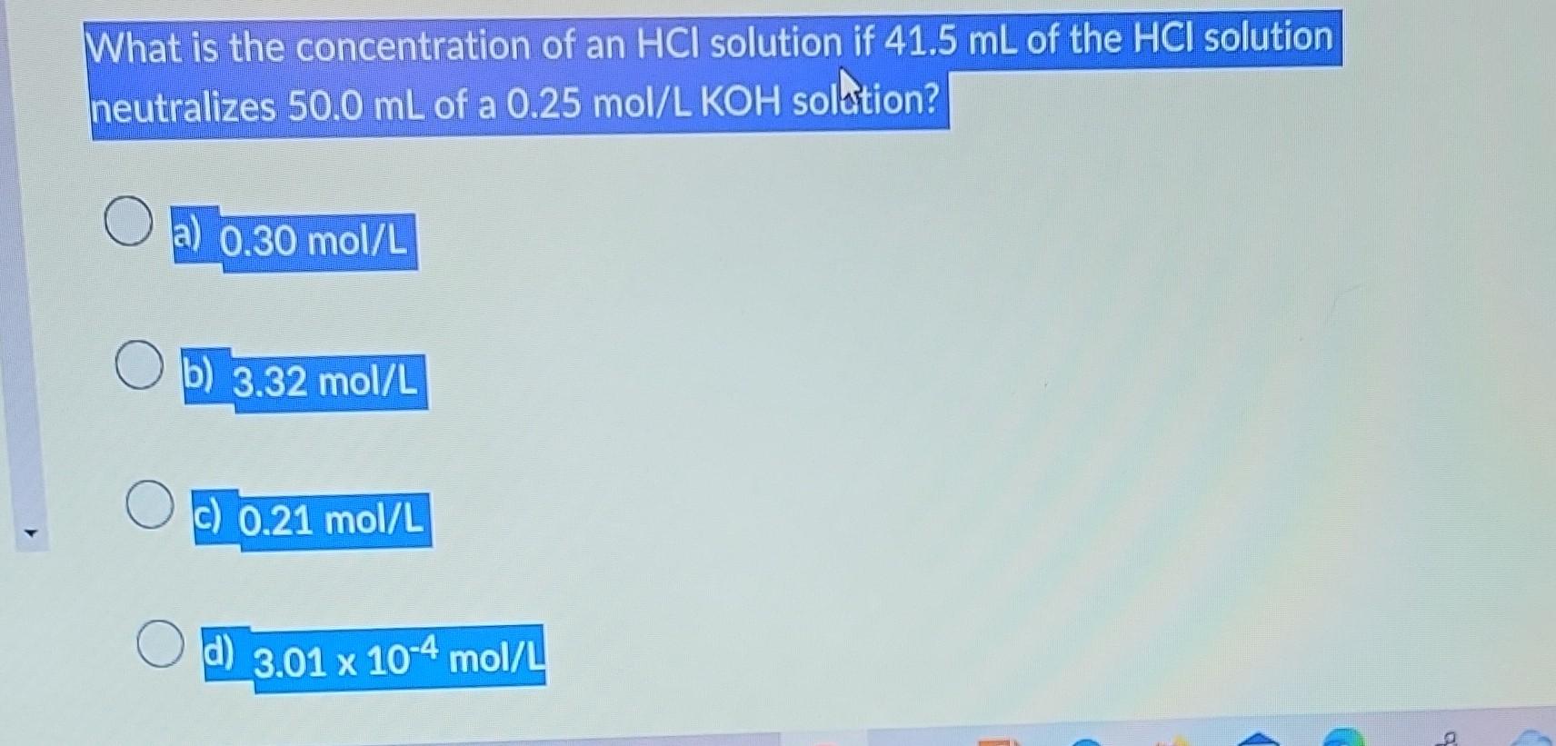 Solved What is the concentration of an HCl solution if 41.5 | Chegg.com