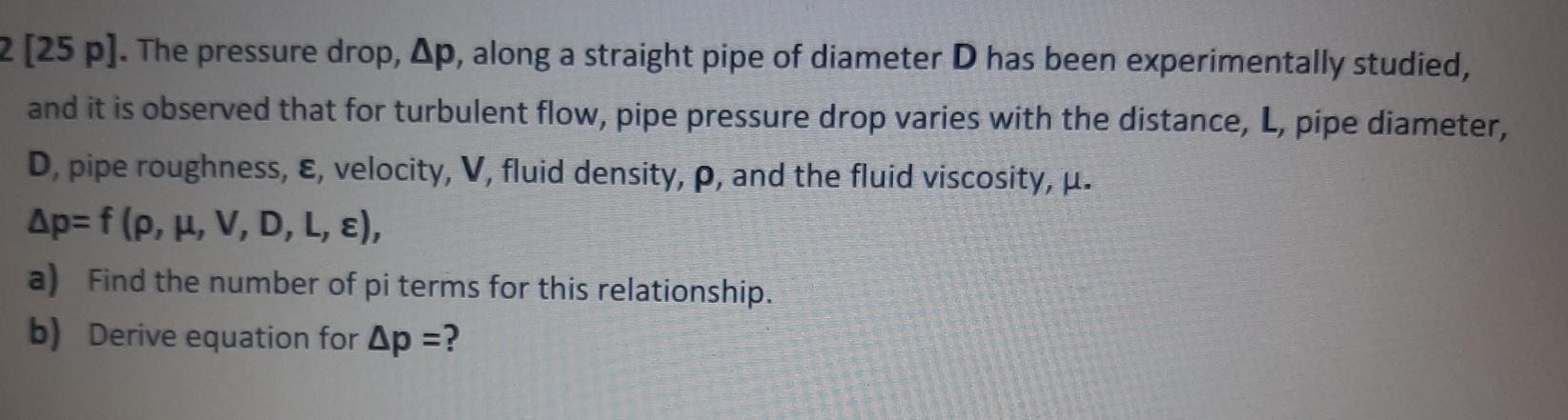 Solved [25 p). The pressure drop, Ap, along a straight pipe | Chegg.com
