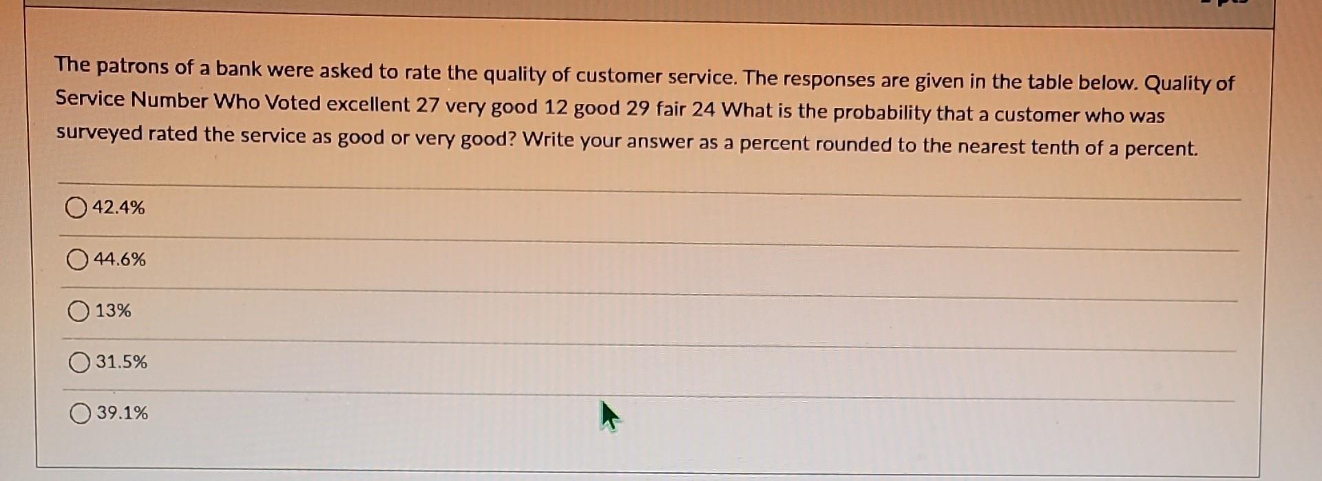 The patrons of a bank were asked to rate the quality of customer service. The responses are given in the table below. Quality