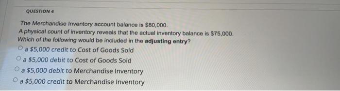 Solved QUESTION 4 The Merchandise Inventory Account Balance | Chegg.com