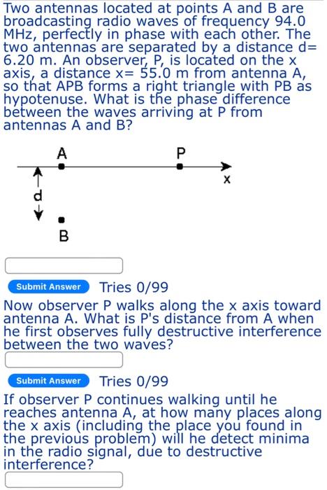 Solved Two Antennas Located At Points A And B Are Chegg Com