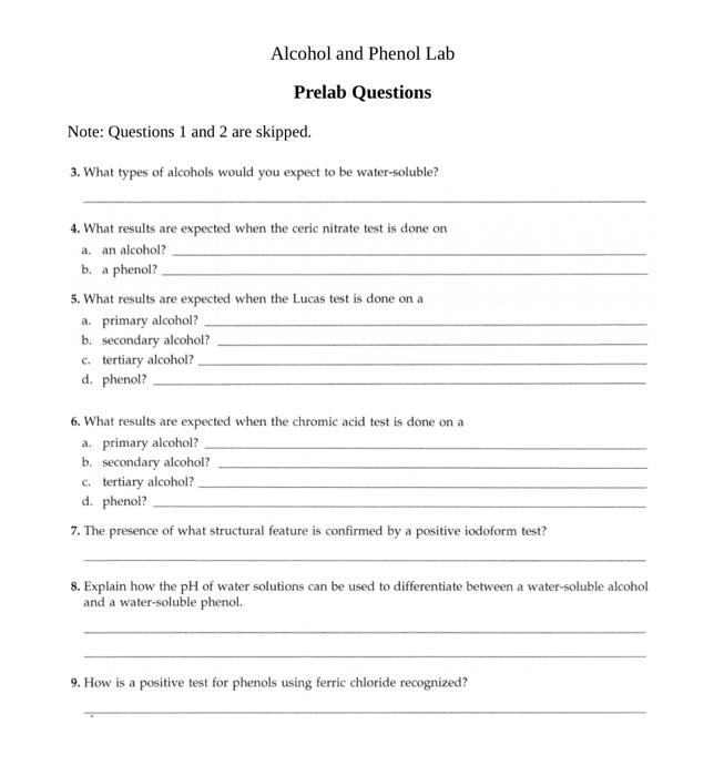 Alcohol and Phenol Lab Results From tests AF, fill