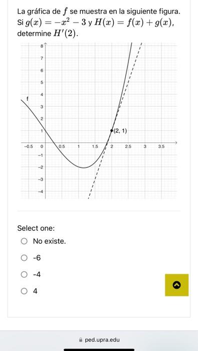 La gráfica de \( f \) se muestra en la siguiente figura. Si \( g(x)=-x^{2}-3 \) y \( H(x)=f(x)+g(x) \), determine \( H^{\prim