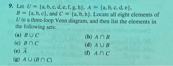 Solved 9. Let U = {a, B, C, D, E, F, G, H}, A = {a, B, C, D, | Chegg.com