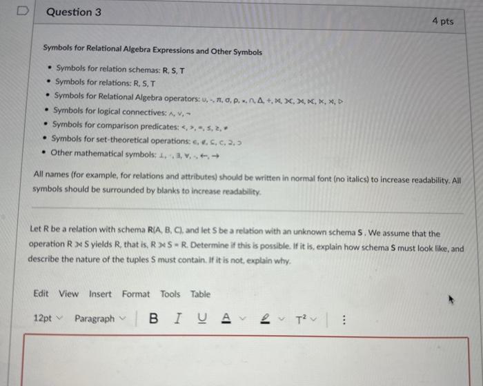 Solved Symbols for Relational Algebra Expressions and Other | Chegg.com