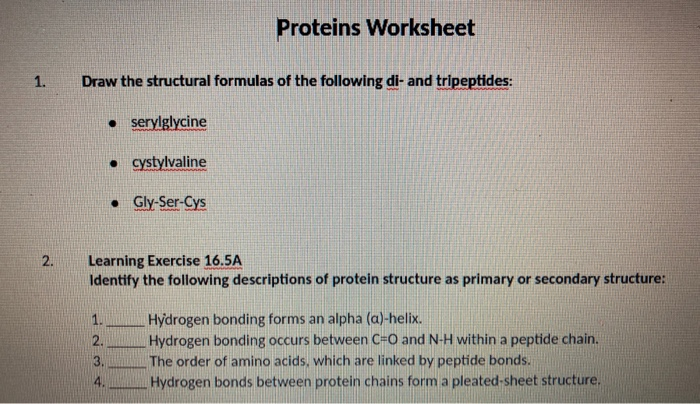Solved Proteins Worksheet 1. Draw the structural formulas of | Chegg.com