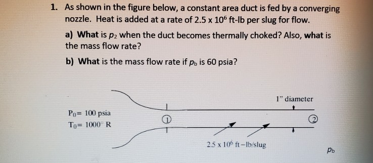 1. as shown in the figure below, a constant area duct is fed by a converging nozzle. heat is added at a rate of 2.5 x 106 ft-