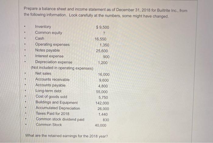 Solved Prepare a balance sheet and income statement as of | Chegg.com