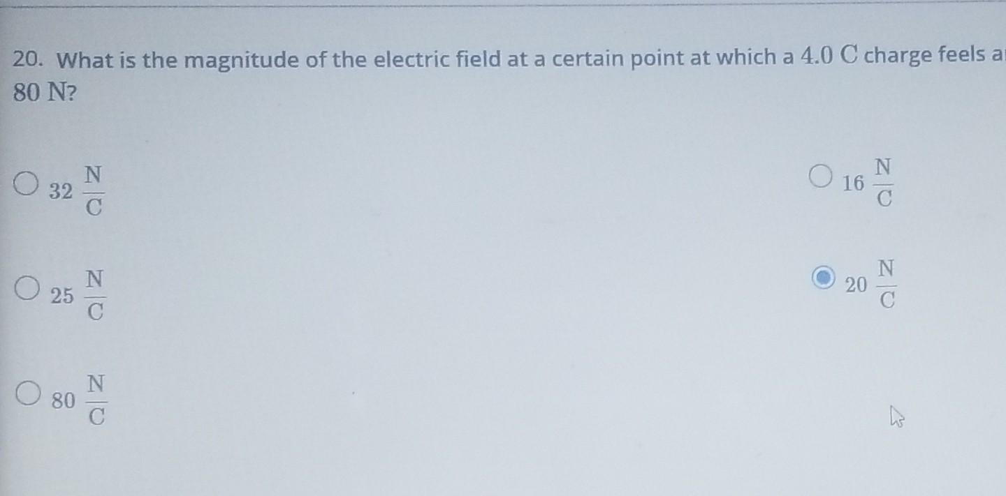 Solved 20. What is the magnitude of the electric field at a | Chegg.com