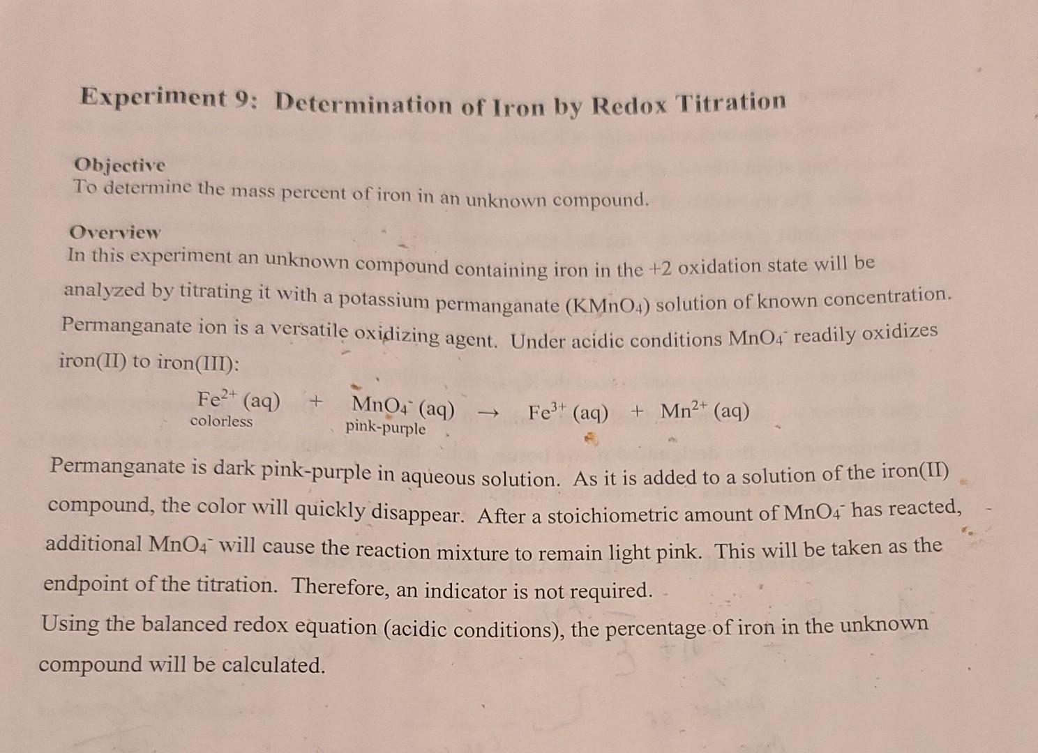 Solved Experiment 9 Determination of Iron by Redox