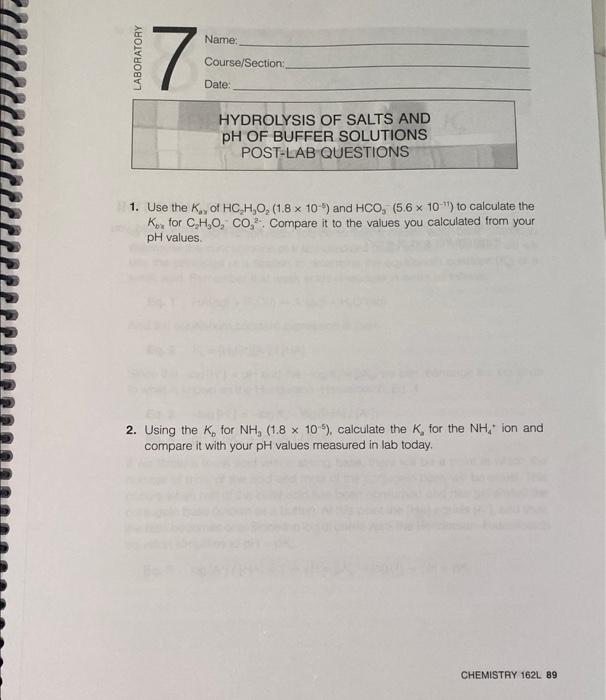 Solved HYDROLYSIS OF SALTS AND pH OF BUFFER SOLUTIONS REPORT
